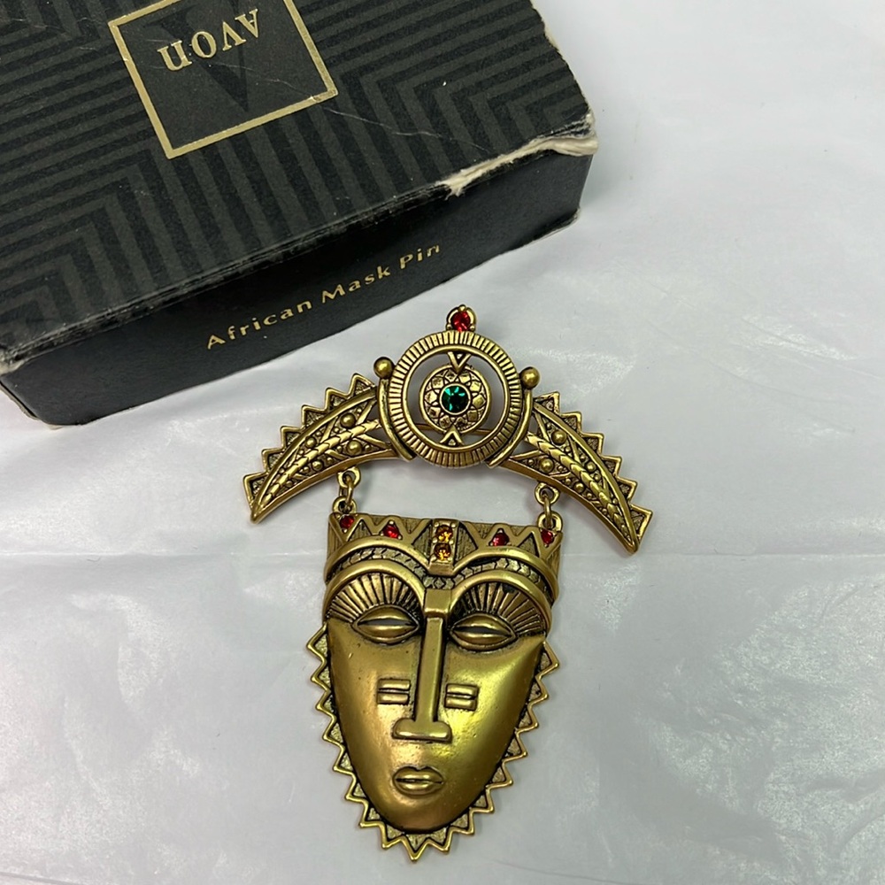 1993 Avon Mask Pin Green Red Rhinestones Brooch
